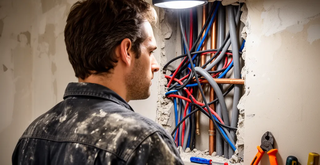 Artisan inspectant un problème de coordination entre réseaux électriques et plomberie sur chantier