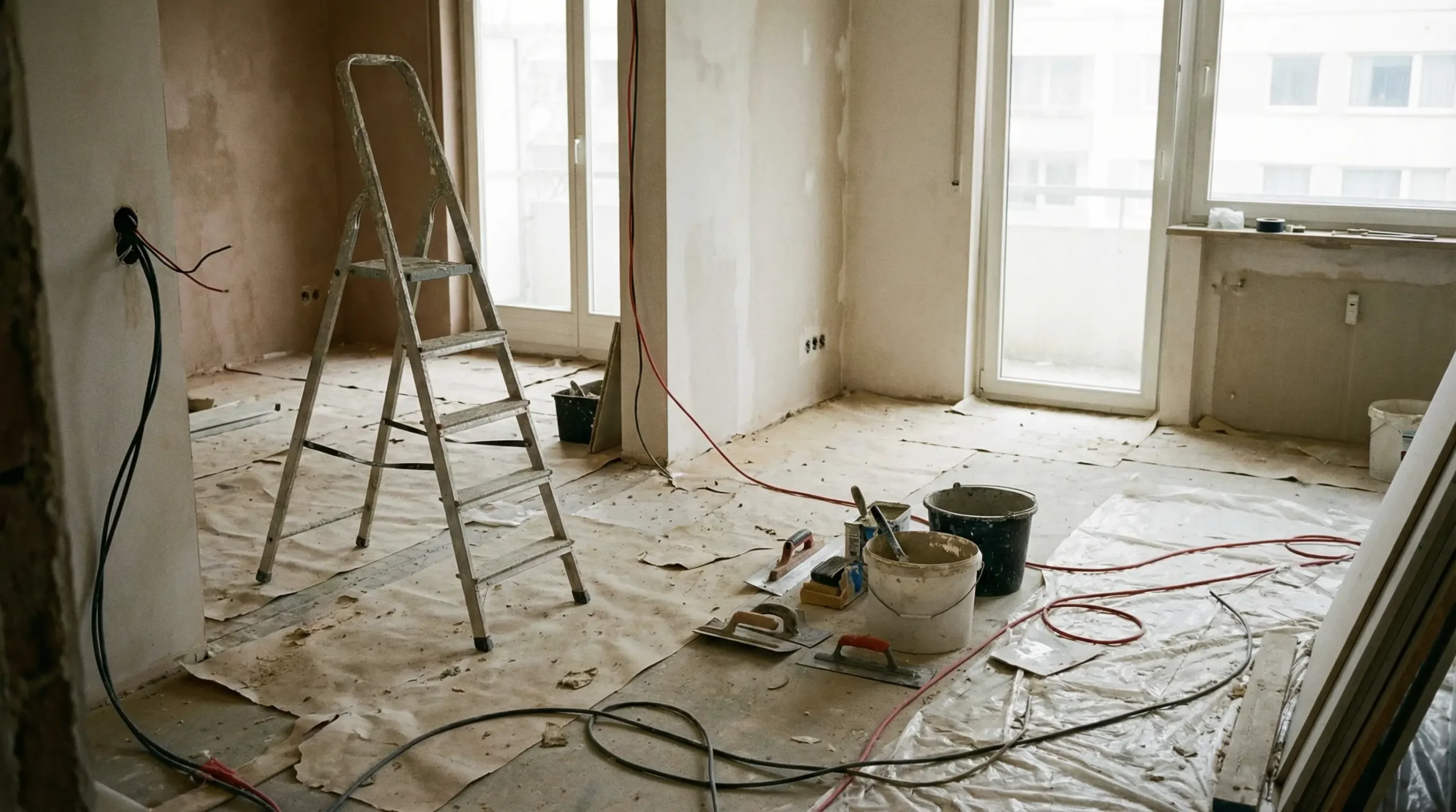 Appartement en cours de rénovation intérieure à Annecy avec outils et matériaux de chantier