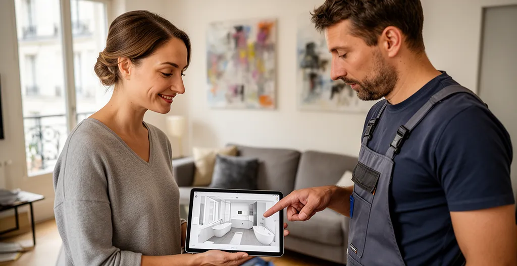 Propriétaire et artisan consultant devis rénovation sur tablette appartement parisien