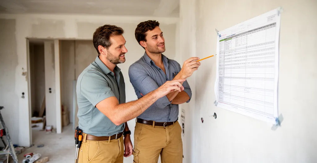 Deux professionnels de la rénovation consultant un planning de chantier à Annecy