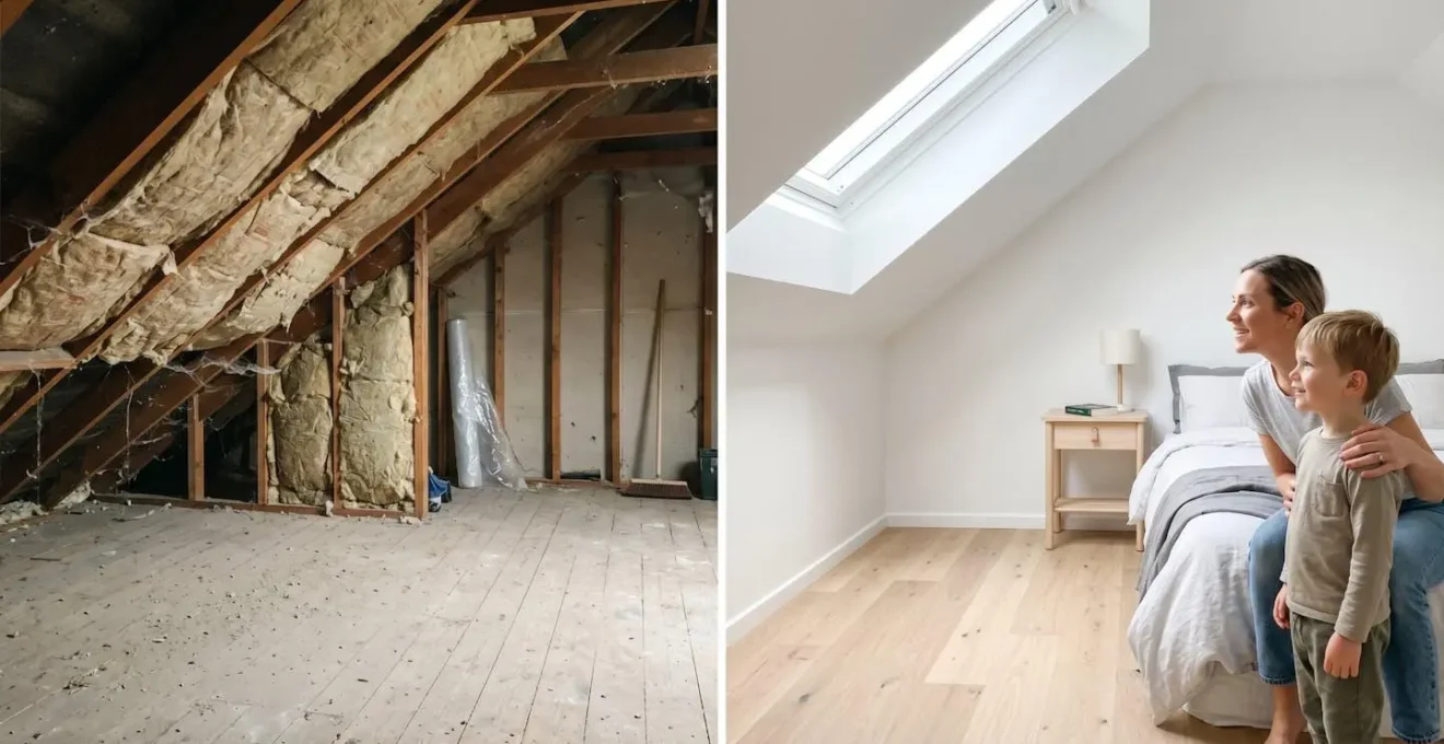 Avant et après de combles aménagés en chambre lumineuse avec fenêtre de toit.