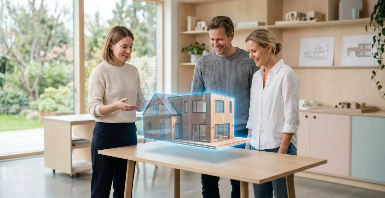 Couple et architecte consultant une maquette 3D d'extension de maison.