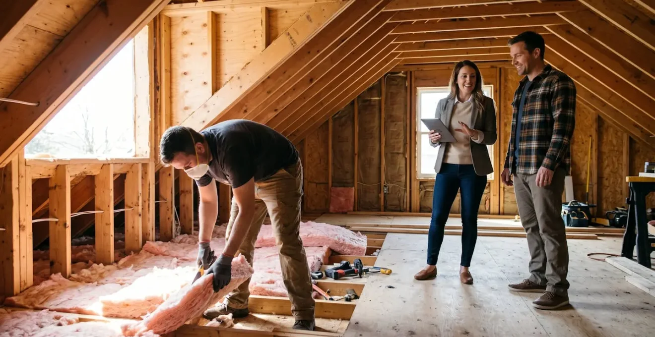 Un courtier supervise l'avancement des travaux avec le propriétaire et un artisan.