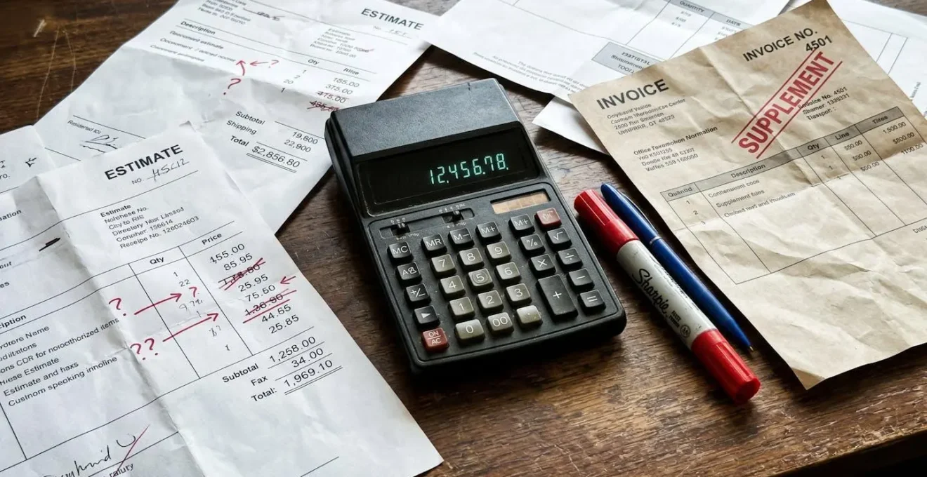 Devis froissés et facture avec la mention supplément autour d'une calculatrice.