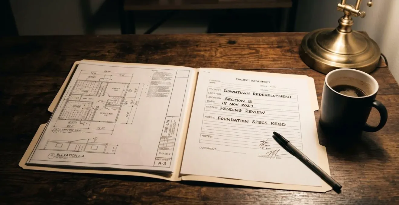 Dossier de permis de construire ouvert sur un bureau avec plans et formulaire.