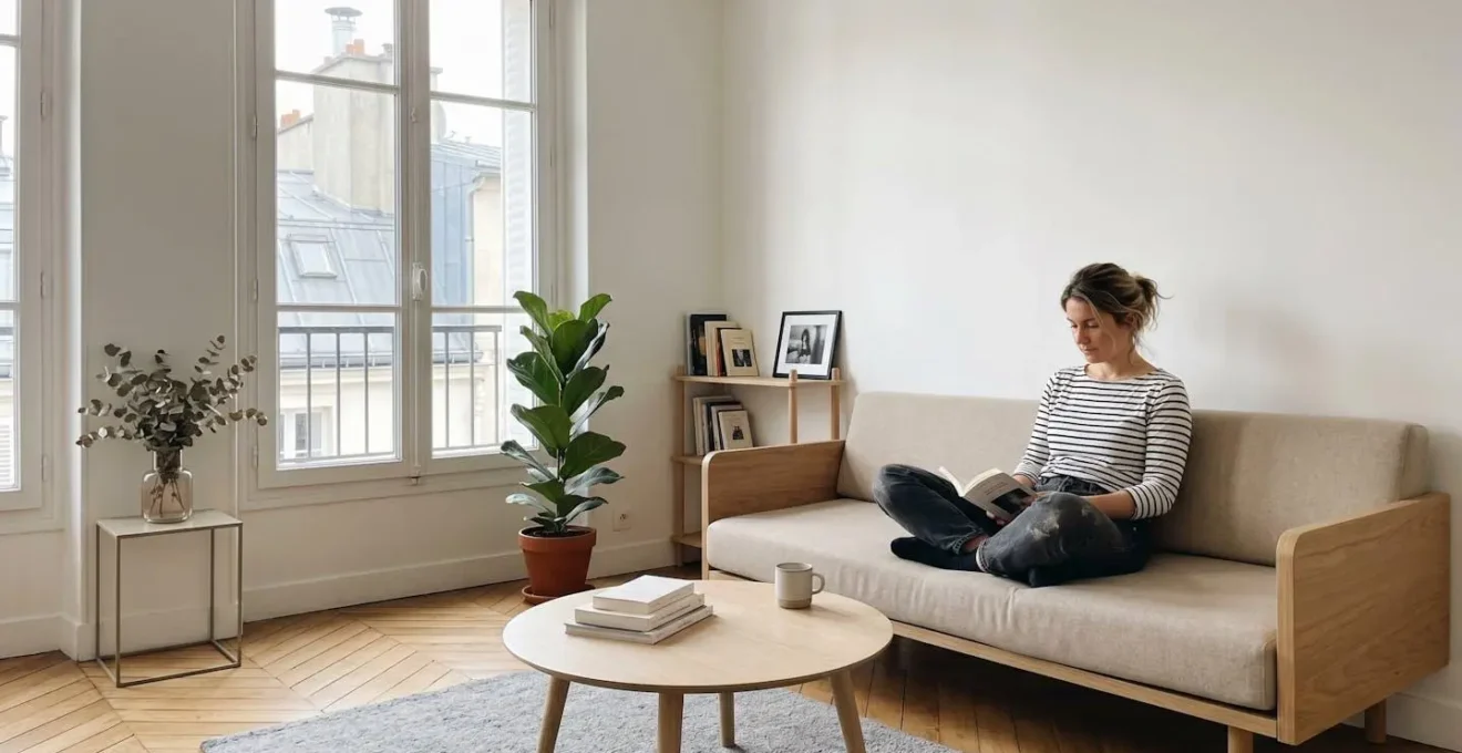 Jeune femme assise dans un salon lumineux et épuré d'un petit appartement parisien avec grandes fenêtres