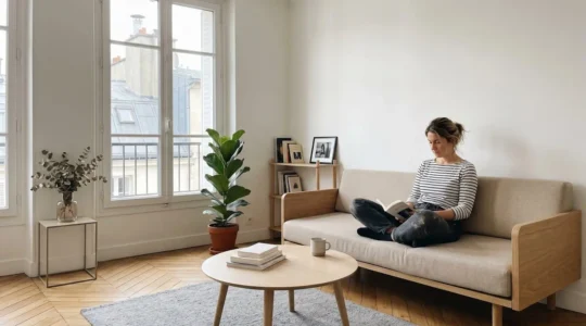 Jeune femme assise dans un salon lumineux et épuré d'un petit appartement parisien avec grandes fenêtres