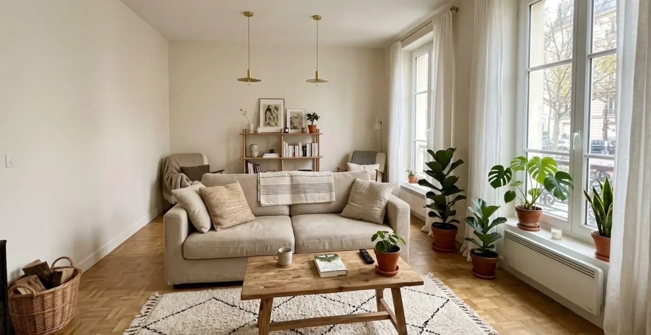 Salon contemporain avec mur peint en blanc cassé, parquet clair, canapé beige et plantes vertes