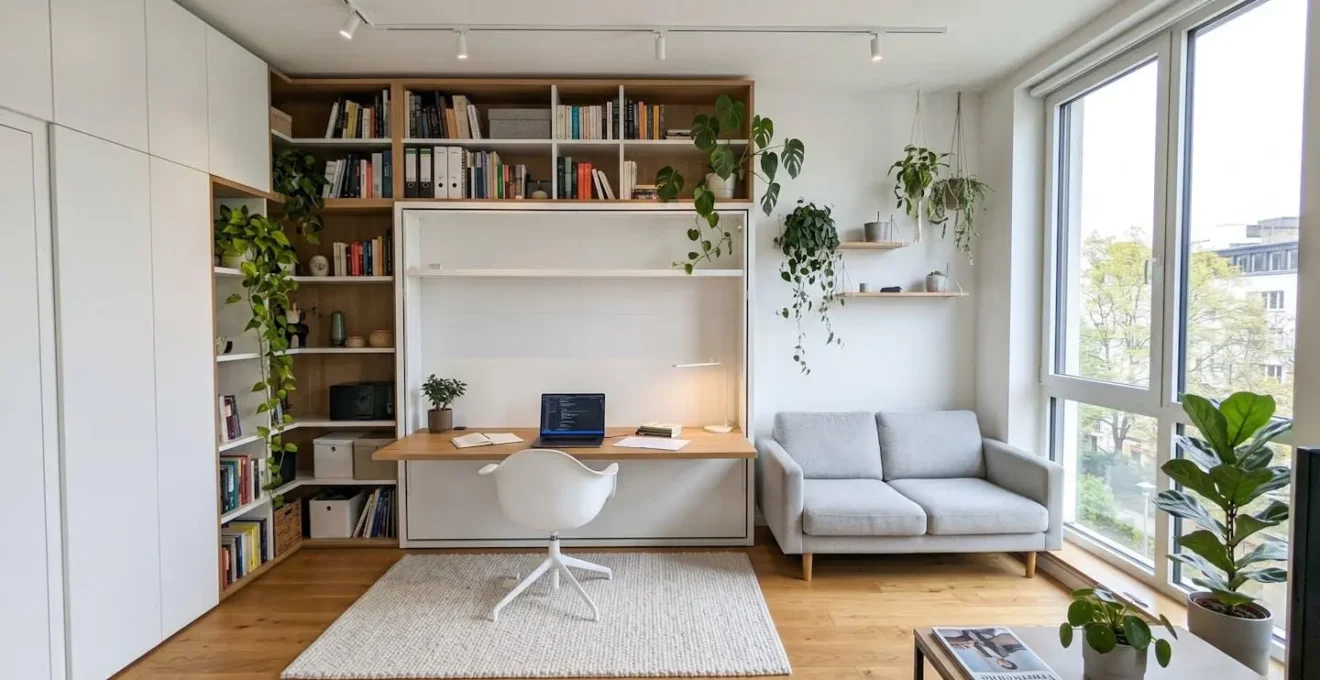 Studio avec lit escamotable relevé contre le mur et rangements intégrés blancs sur toute la hauteur
