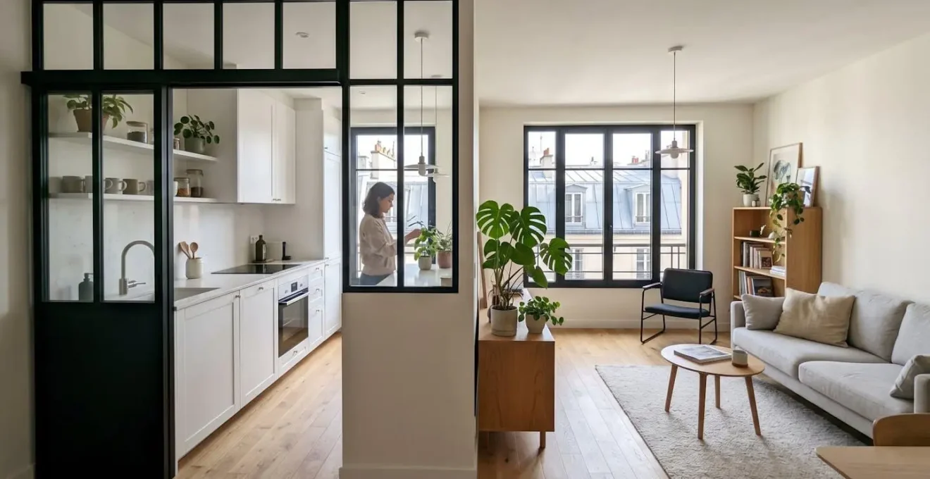 Studio moderne avec cloison vitrée séparant la cuisine du salon, lumière naturelle traversante