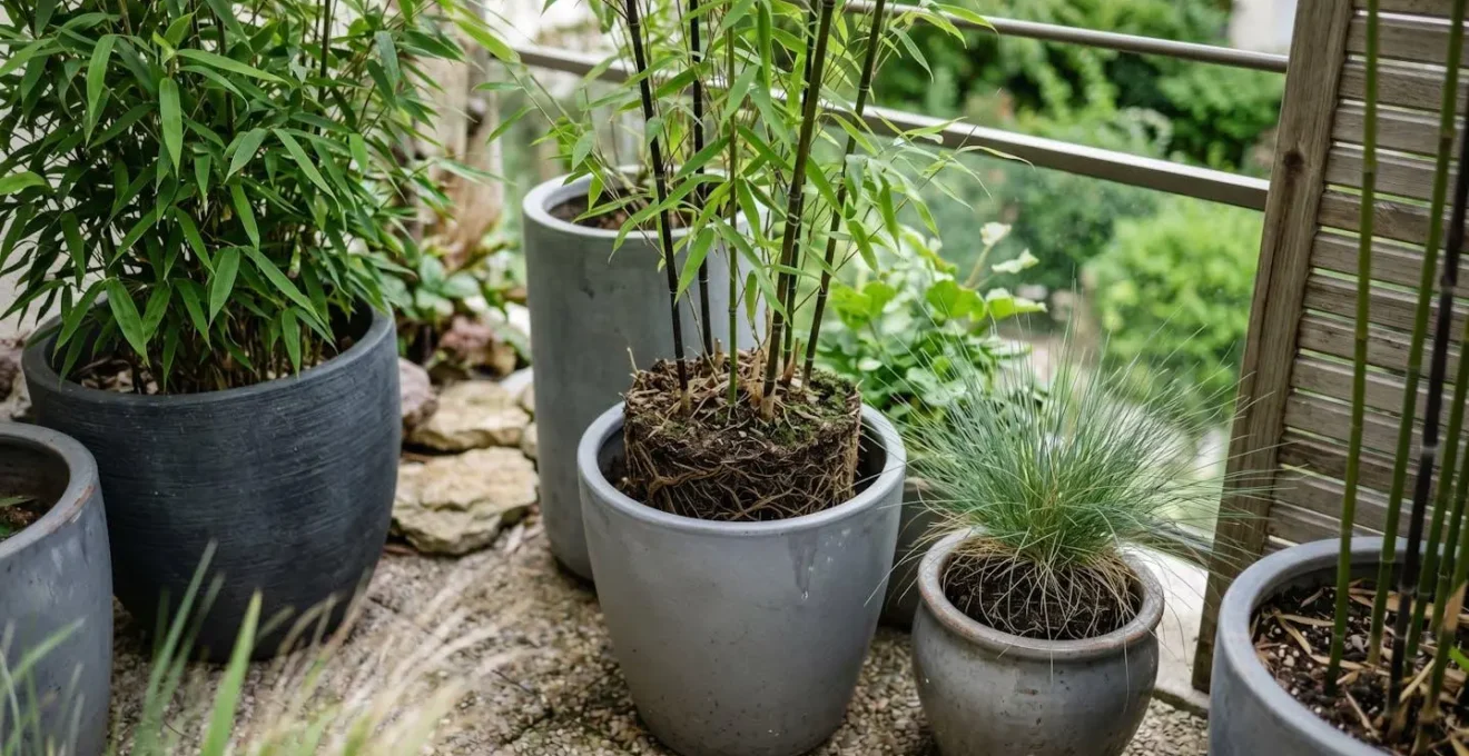 Assortiment de bambous nains et graminées ornementales en pots de différentes hauteurs sur une terrasse compacte
