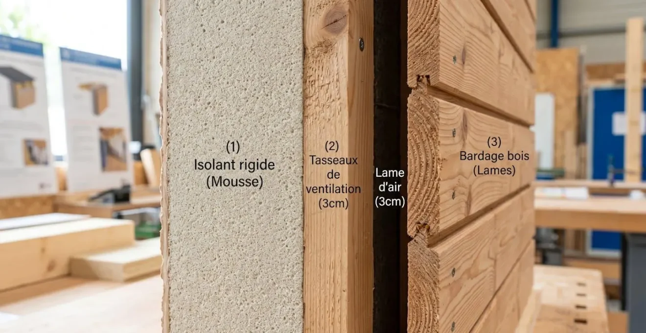 Détail de coupe murale montrant les couches d'un système ITE : panneau isolant rigide beige, tasseaux de ventilation en bois et dos de lames de bardage
