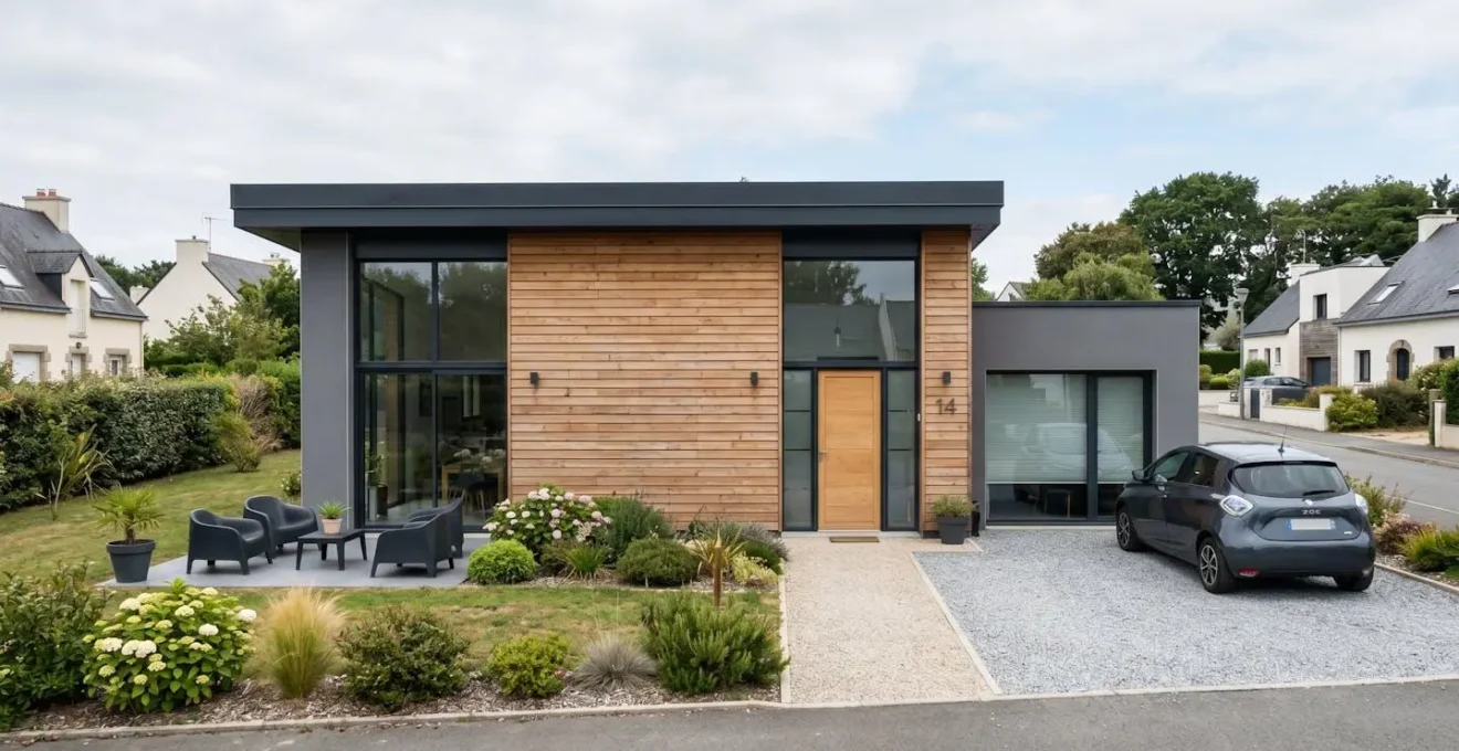 Façade de maison bretonne avec bardage bois horizontal de teinte naturelle, architecture contemporaine sous ciel légèrement nuageux
