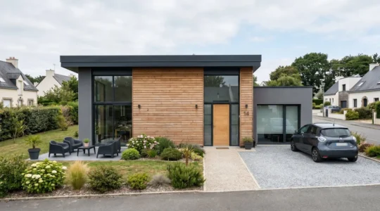 Façade de maison bretonne avec bardage bois horizontal de teinte naturelle, architecture contemporaine sous ciel légèrement nuageux
