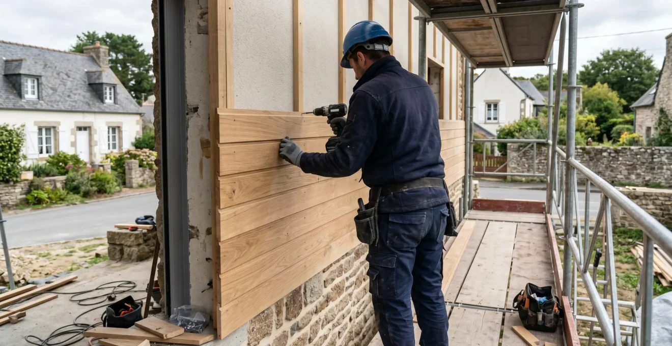 Ouvrier de dos fixant des lames de bardage bois sur une ossature murale extérieure à l'aide d'une visseuse sans fil, chantier résidentiel