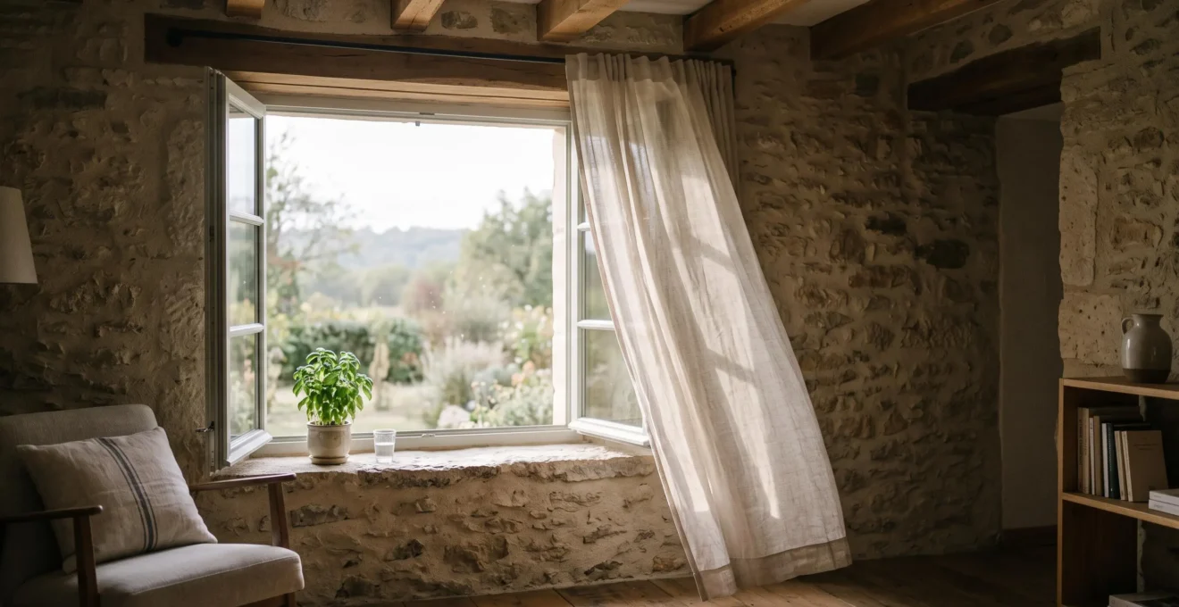 Intérieur d'une maison française baigné de lumière naturelle avec une fenêtre ouverte symbolisant un air intérieur sain et purifié