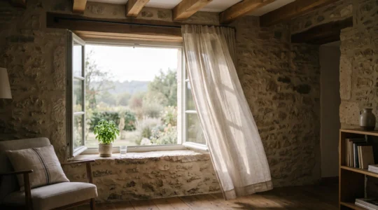 Intérieur d'une maison française baigné de lumière naturelle avec une fenêtre ouverte symbolisant un air intérieur sain et purifié