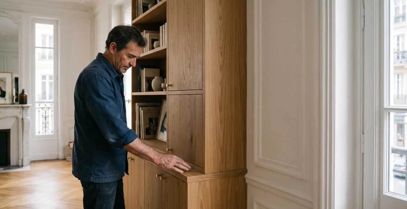 Aménagement intérieur en menuiserie sur mesure dans un appartement parisien, illustrant le travail d'un artisan menuisier français