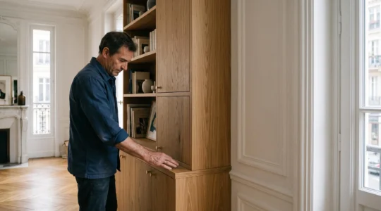 Aménagement intérieur en menuiserie sur mesure dans un appartement parisien, illustrant le travail d'un artisan menuisier français