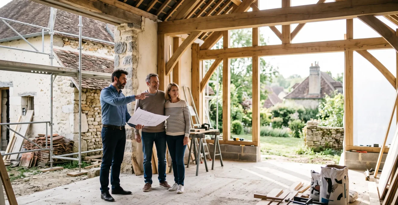 Architecte et propriétaires examinant des plans de renovation dans une maison francaise en travaux, lumiere naturelle et materiaux bruts