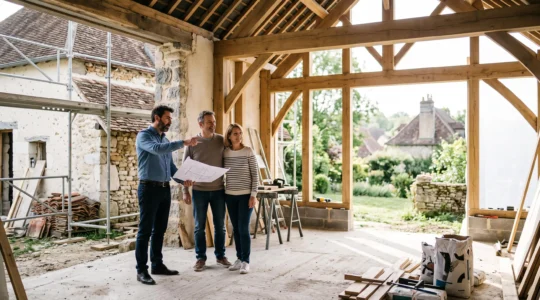 Architecte et propriétaires examinant des plans de renovation dans une maison francaise en travaux, lumiere naturelle et materiaux bruts