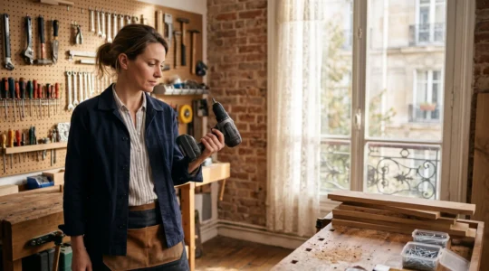 Bricoleur examinant un outil électroportatif professionnel dans un atelier lumineux, symbole du choix entre investissement et bricolage occasionnel