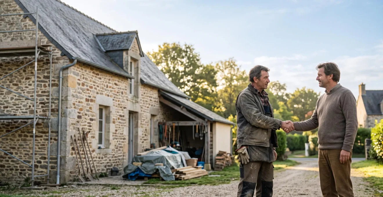 Artisan et propriétaire échangeant une poignée de main devant une maison française en rénovation