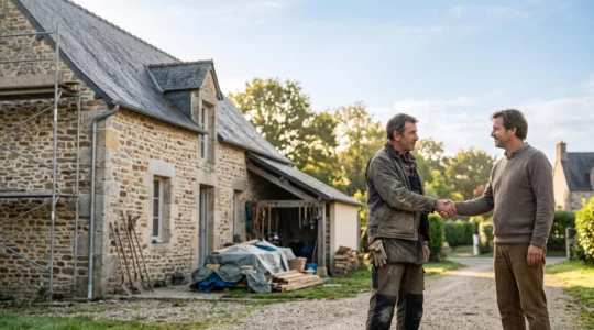 Artisan et propriétaire échangeant une poignée de main devant une maison française en rénovation