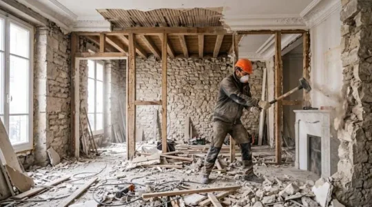 Chantier de curage intérieur dans appartement haussmannien parisien : ouvrier en équipement de sécurité travaillant au milieu de gravats, structure porteuse en pierre et poutres bois apparente, lumière naturelle révélant poussière en suspension