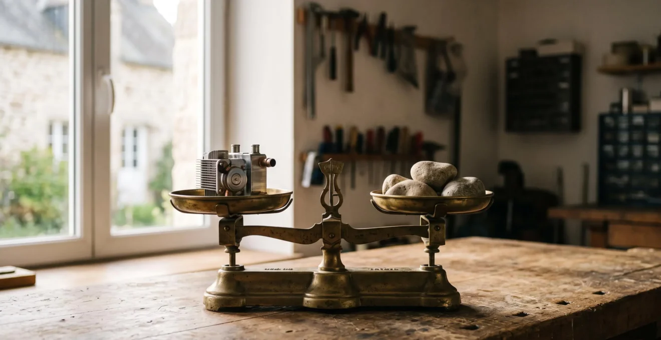 Chauffagiste professionnel examinant l'installation de chauffage d'une maison française pour en calculer le dimensionnement optimal