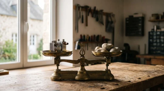 Chauffagiste professionnel examinant l'installation de chauffage d'une maison française pour en calculer le dimensionnement optimal
