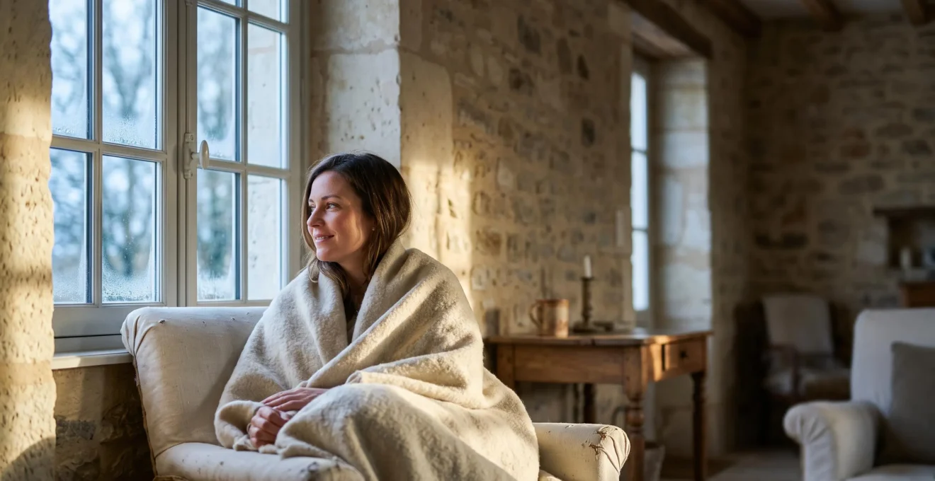 Interieur chaleureux d'une maison francaise en pierre avec mur isole, contraste entre confort interieur et froid exterieur