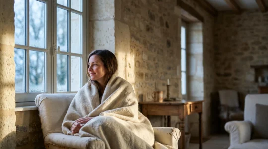 Interieur chaleureux d'une maison francaise en pierre avec mur isole, contraste entre confort interieur et froid exterieur