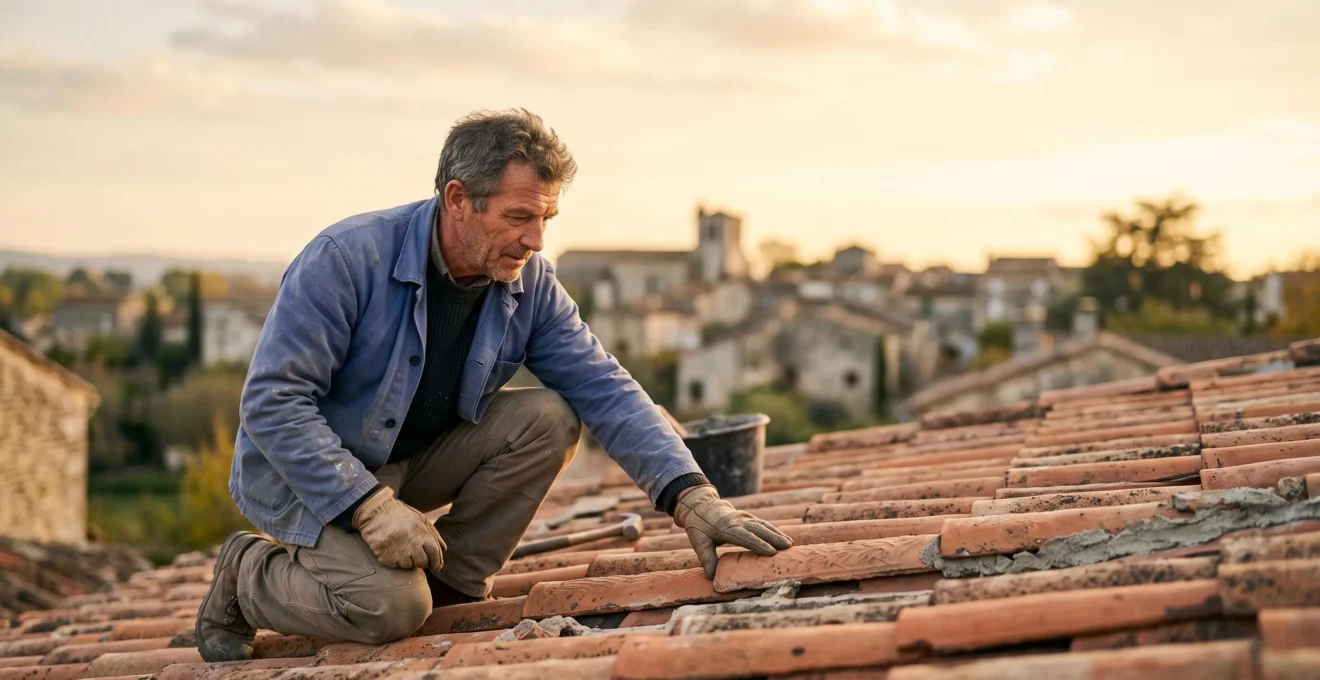 Couvreur professionnel inspectant minutieusement les tuiles d'une toiture traditionnelle française pour garantir son étanchéité sur le long terme