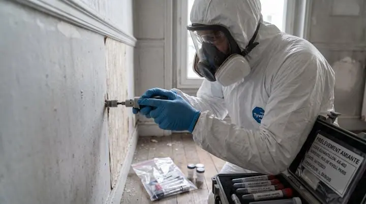 Diagnostiqueur immobilier certifié en combinaison de protection prélevant un échantillon d'amiante sur mur ancien à l'aide d'un outil de carottage, mallette de prélèvement avec tubes étiquetés au sol