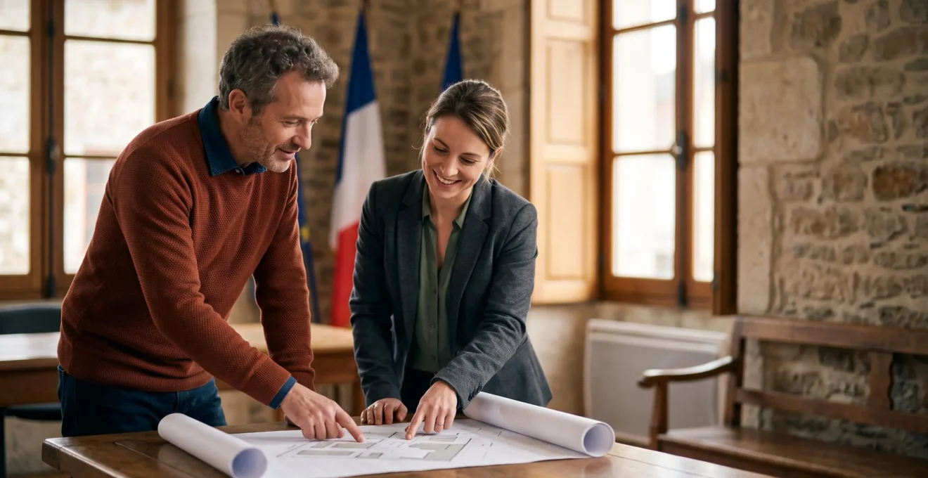 Propriétaire et agent municipal échangeant autour de plans d'architecte dans un hall de mairie française, lumière naturelle chaleureuse