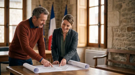 Propriétaire et agent municipal échangeant autour de plans d'architecte dans un hall de mairie française, lumière naturelle chaleureuse