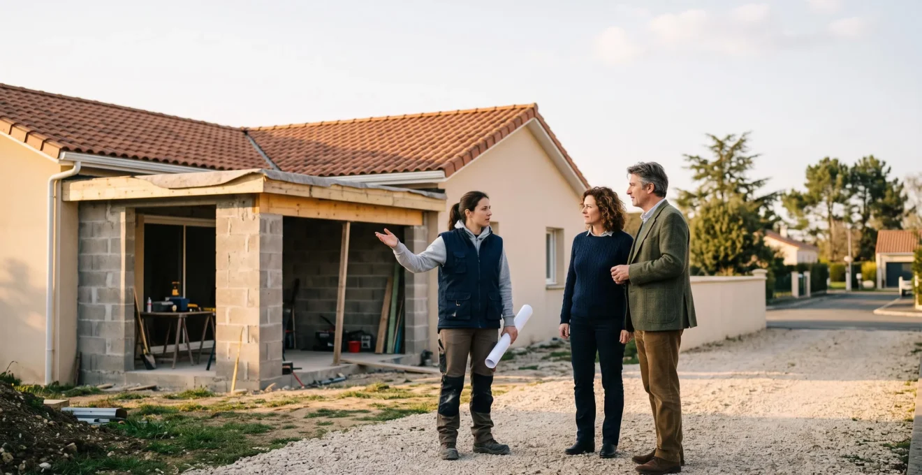 Propriétaire et architecte examinant les plans d'une extension de maison française devant le chantier, symbole d'un dossier de permis de construire réussi