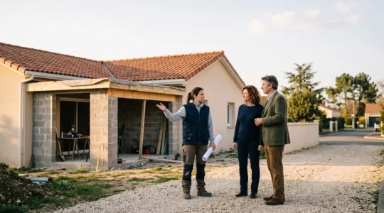 Propriétaire et architecte examinant les plans d'une extension de maison française devant le chantier, symbole d'un dossier de permis de construire réussi
