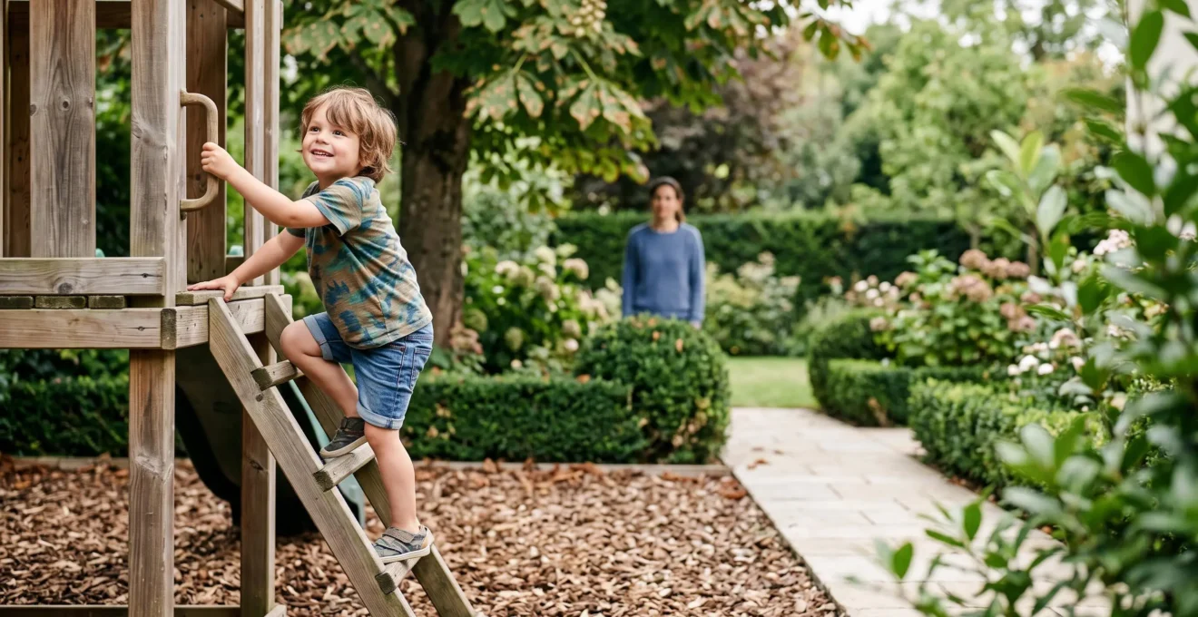 Enfant jouant en toute sécurité sur une structure en bois naturel dans un jardin familial français, avec sol amortissant en copeaux