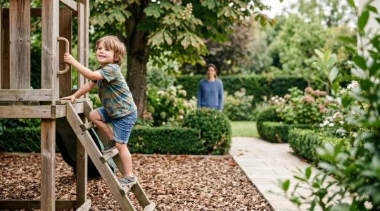Enfant jouant en toute sécurité sur une structure en bois naturel dans un jardin familial français, avec sol amortissant en copeaux