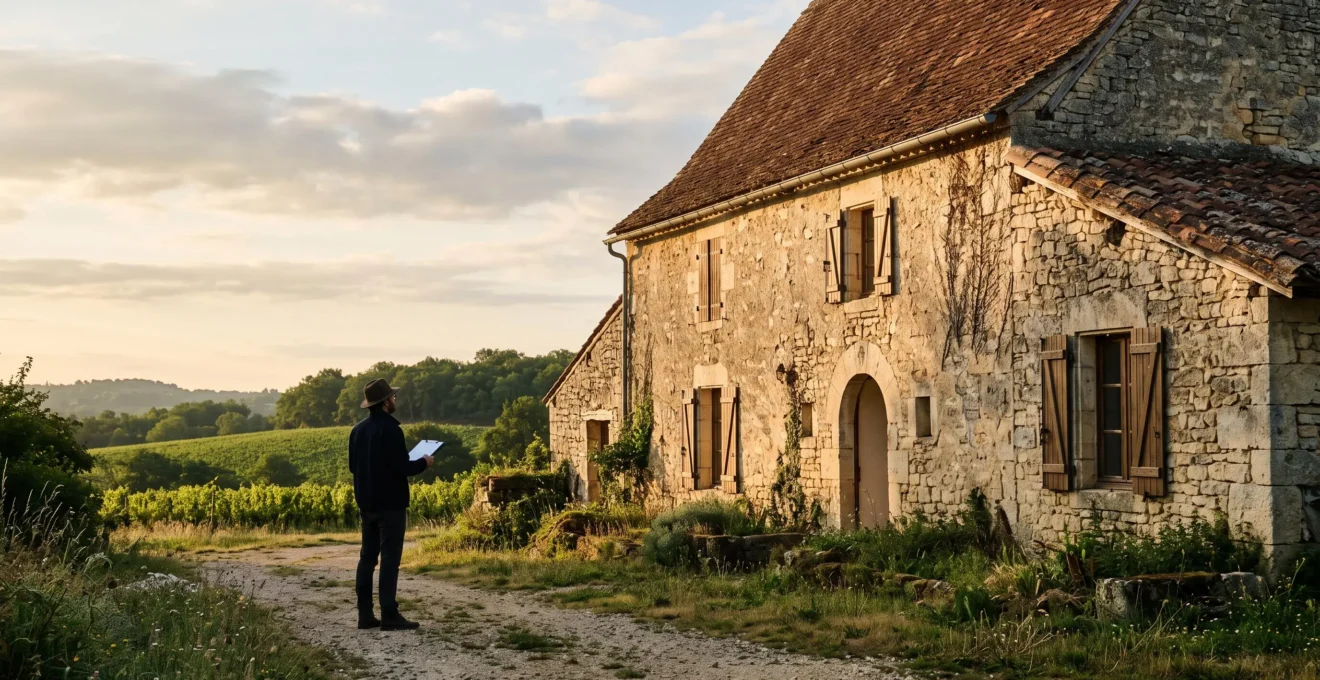 Vue d'ensemble d'une maison en pierre française observée avant rénovation, symbolisant l'inspection complète avant travaux