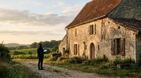 Vue d'ensemble d'une maison en pierre française observée avant rénovation, symbolisant l'inspection complète avant travaux