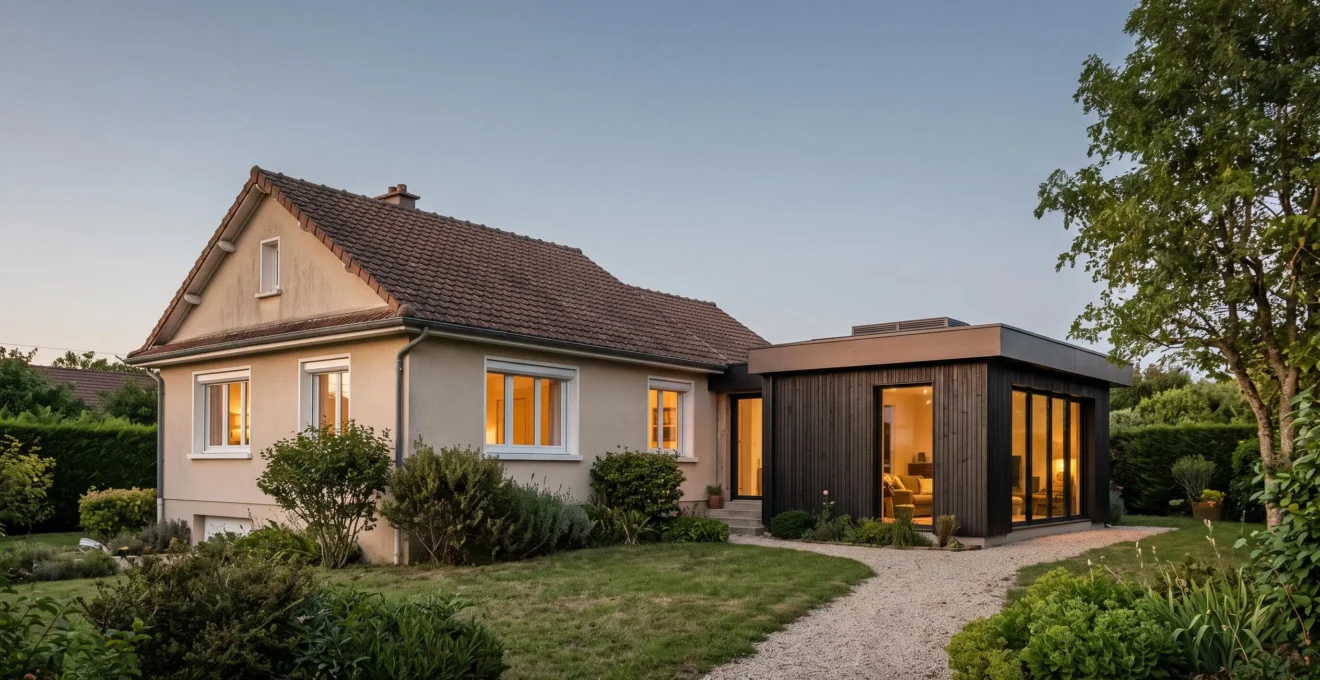 Maison pavillonnaire française avec une extension latérale moderne en bois sombre, baignée de lumière dorée en fin de journée
