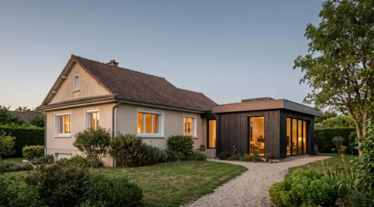 Maison pavillonnaire française avec une extension latérale moderne en bois sombre, baignée de lumière dorée en fin de journée