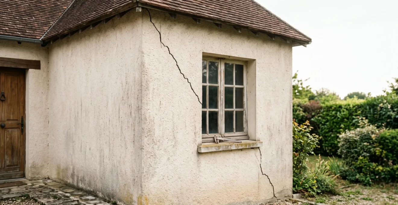 Façade d'une maison française en crépi montrant une fissure diagonale, illustrant l'évaluation de la gravité avant travaux