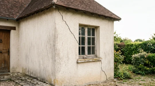 Façade d'une maison française en crépi montrant une fissure diagonale, illustrant l'évaluation de la gravité avant travaux