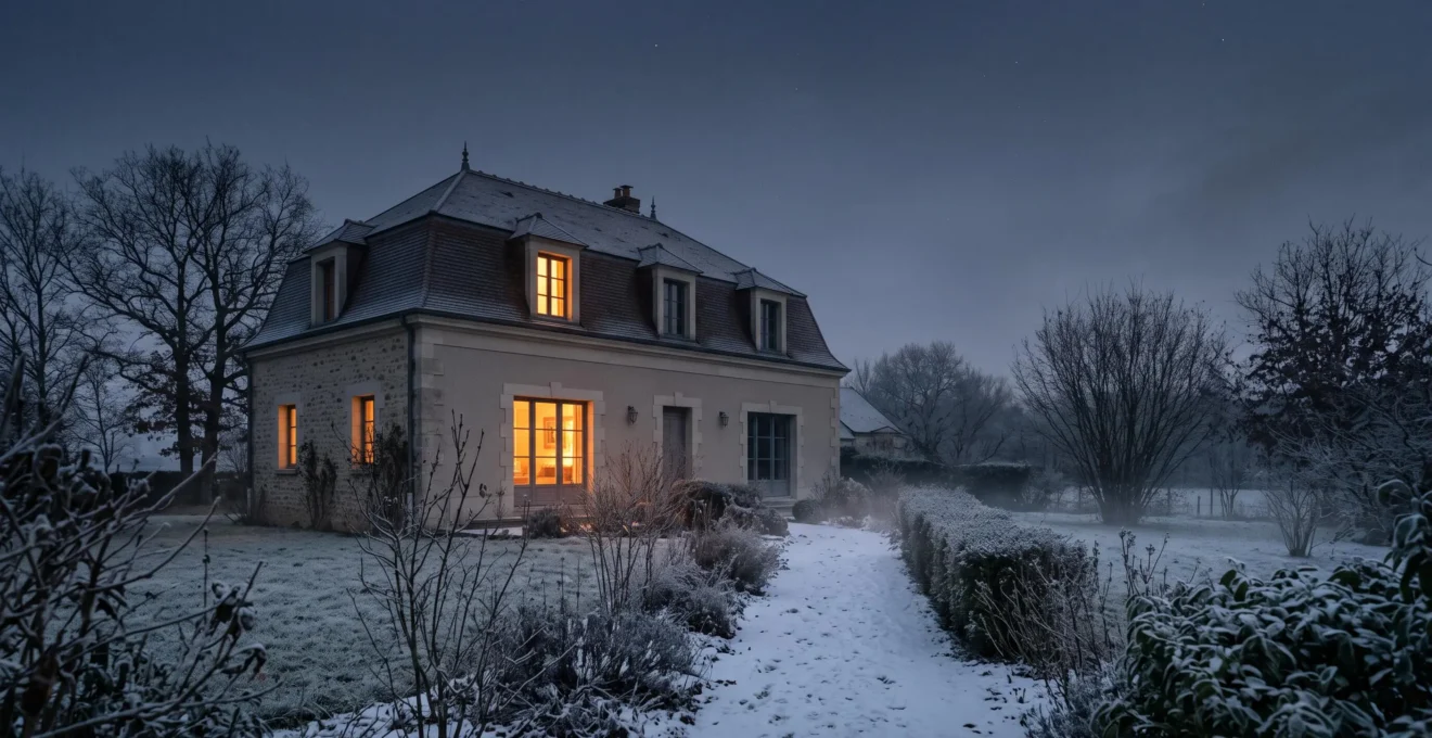 Maison individuelle française vue de nuit avec des fenêtres illuminées d'une lumière chaude, illustrant les postes de consommation énergétique du foyer