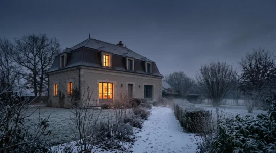 Maison individuelle française vue de nuit avec des fenêtres illuminées d'une lumière chaude, illustrant les postes de consommation énergétique du foyer