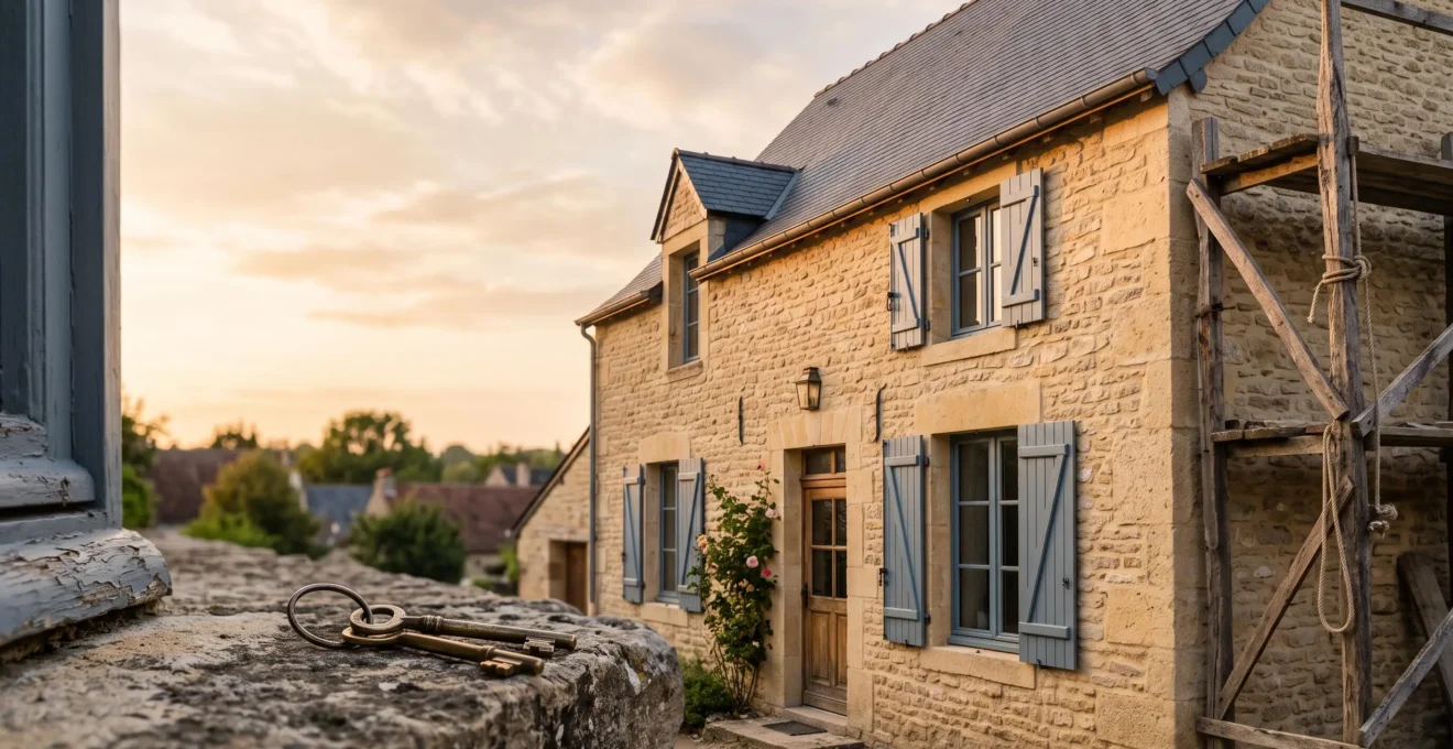 Façade d'une maison française rénovée avec échafaudage partiellement retiré, symbolisant le financement réussi d'un projet de travaux.
